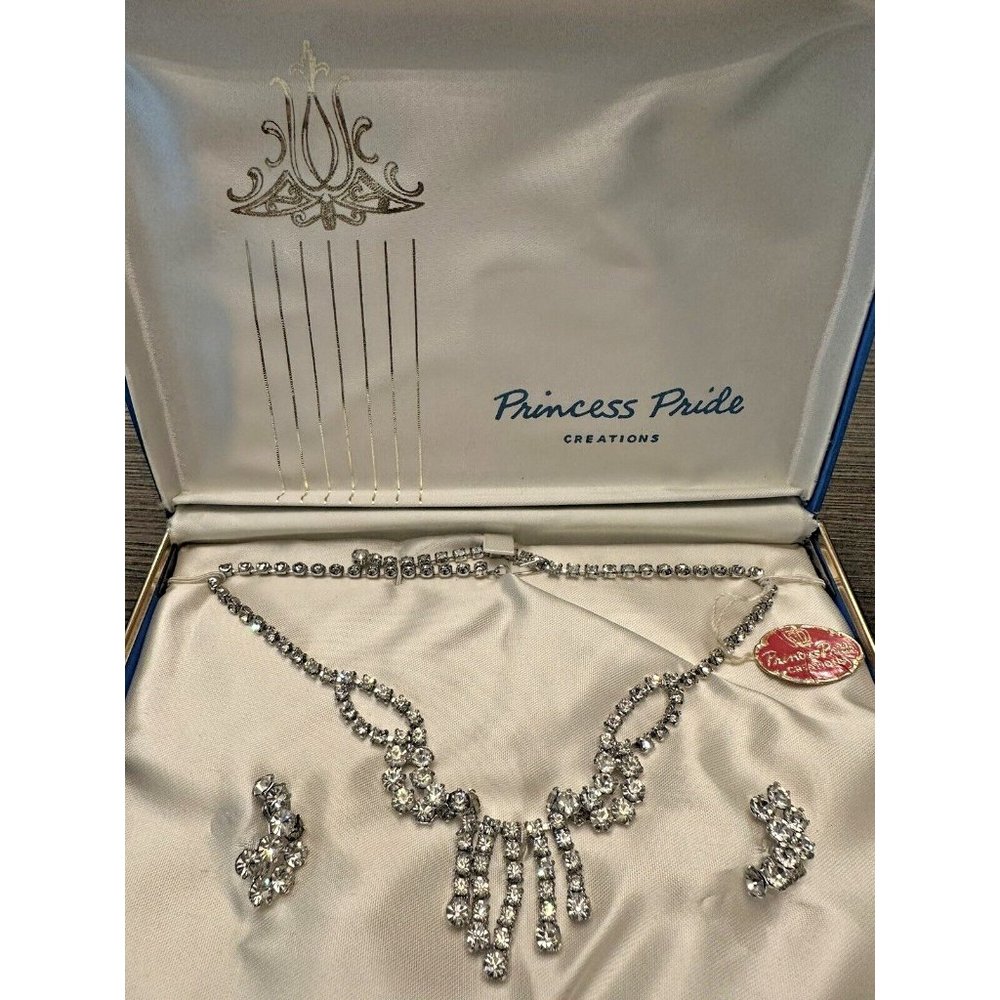 Vintage PRINCESS PRIDE CREATIONS Rhinestone Necklace & Earrings  in Original Box